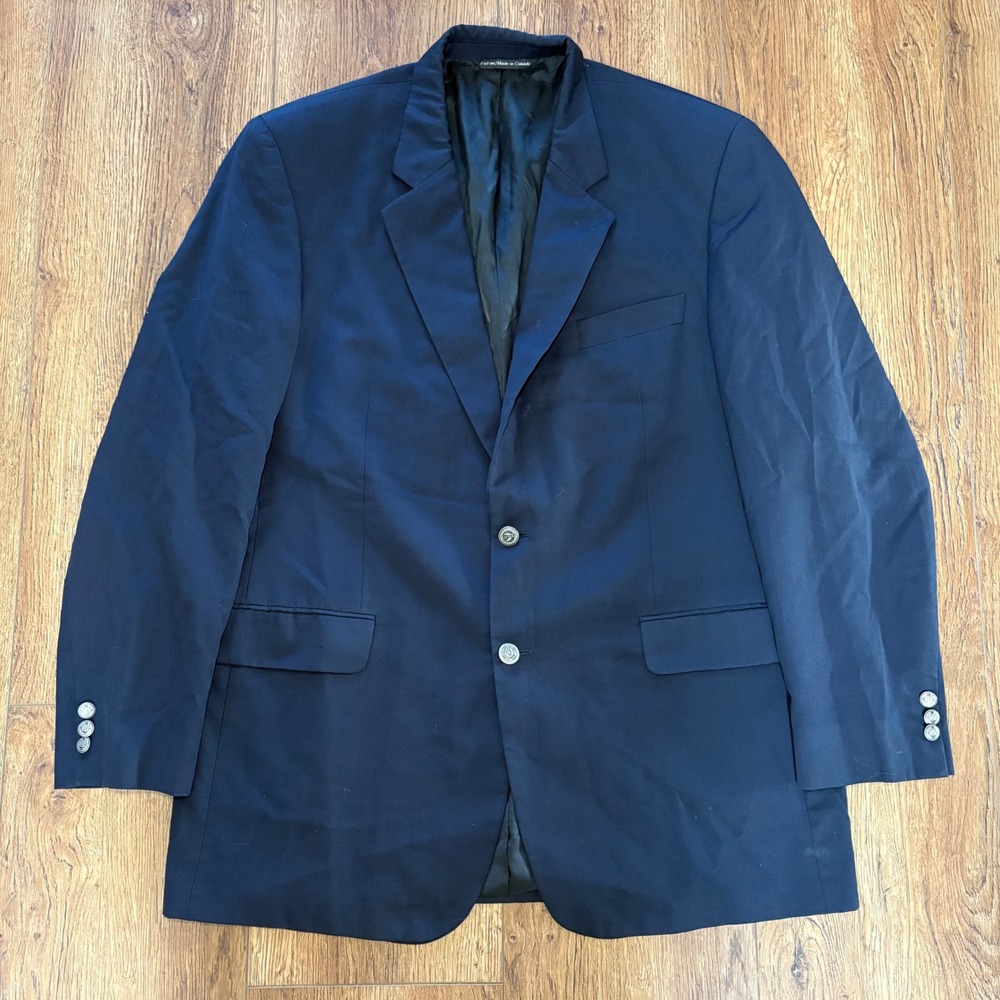 Paul Dione Navy‎ Blue Blazer 100% wool Crest Buttons union made Canada mens 44L